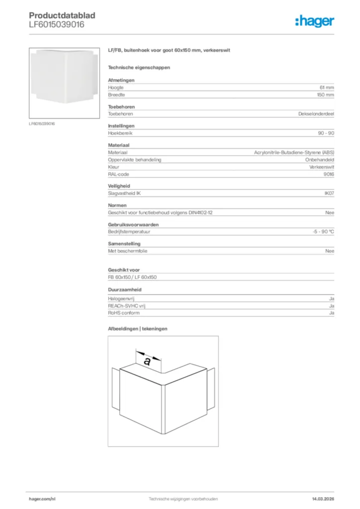 Afbeelding Hager Productdatablad LF6015039016 | Hager Nederland