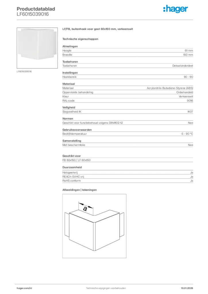 Afbeelding Hager Productdatablad LF6015039016 | Hager Nederland