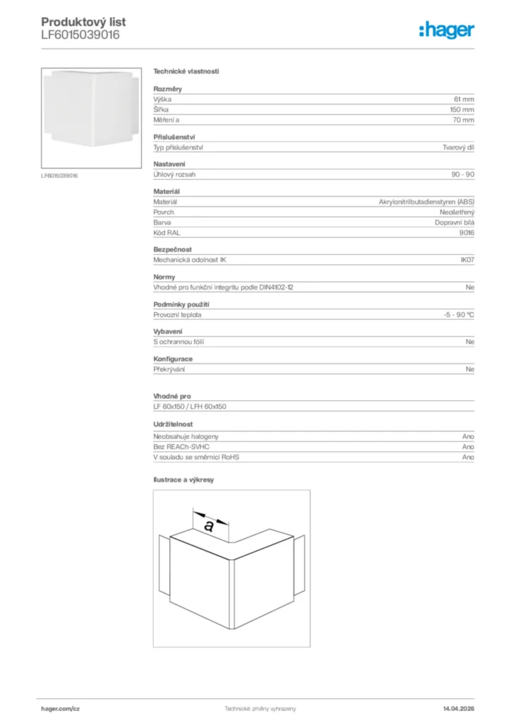 Obrázek Hager Product data sheet LF6015039016 | Hager
