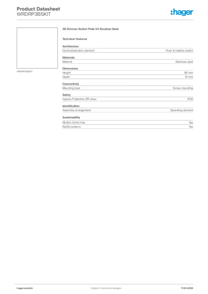Image Hager Product data sheet WRDRP3BSKIT  | Hager