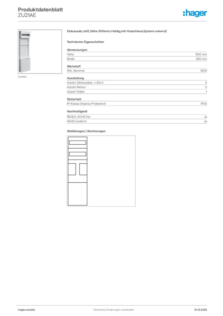 Bild Hager Produktdatenblatt ZU21AE | Hager Deutschland