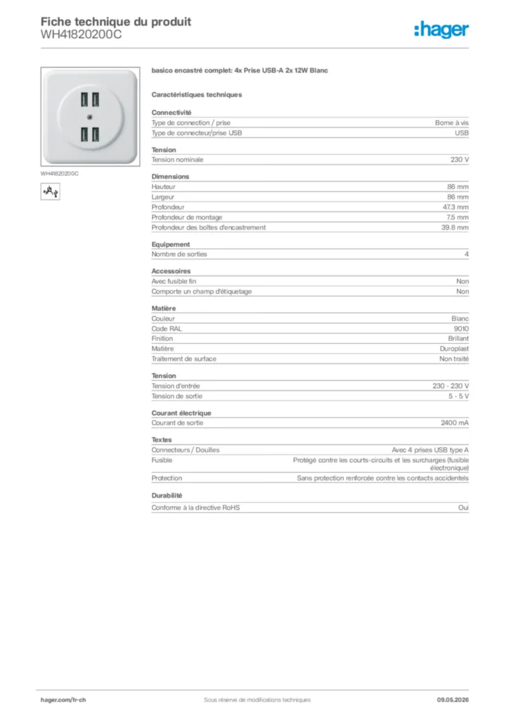 Image Hager Fiche technique du produit WH41820200C | Hager Suisse