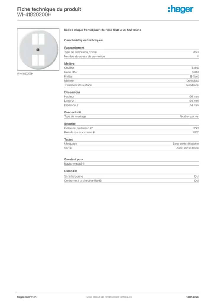 Image Hager Fiche technique du produit WH41820200H | Hager Suisse