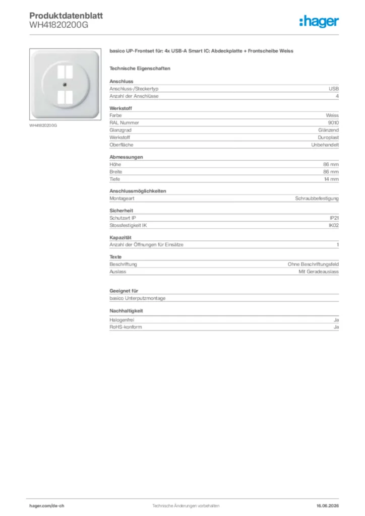 Bild Hager Produktdatenblatt WH41820200G | Hager Schweiz