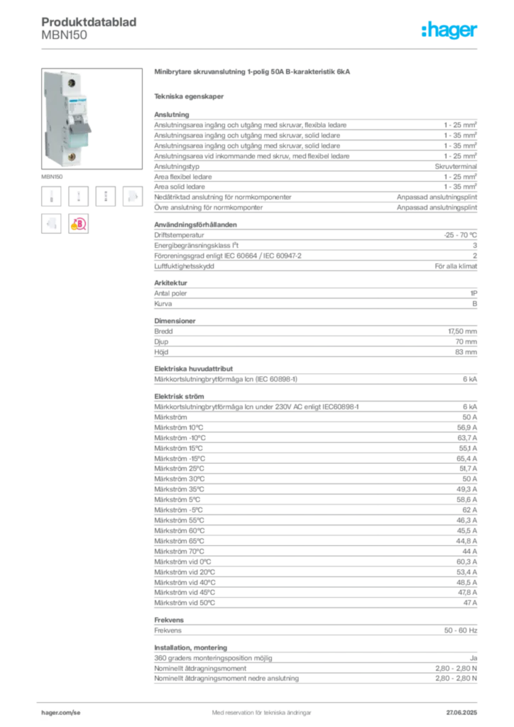 Bild Hager Produktdatablad MBN150 | Hager Sverige