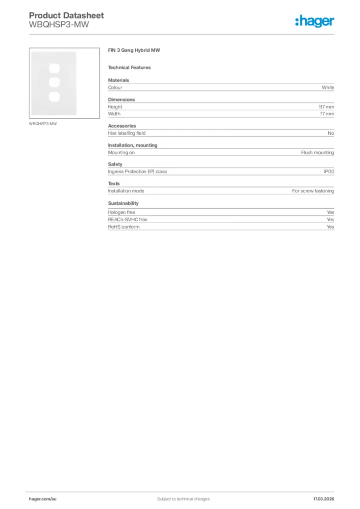 Image Hager Product data sheet WBQHSP3-MW  | Hager Australia