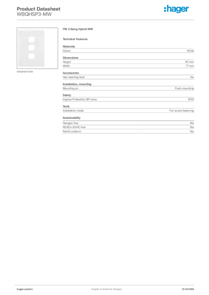 Image Hager Product data sheet WBQHSP3-MW  | Hager New Zealand