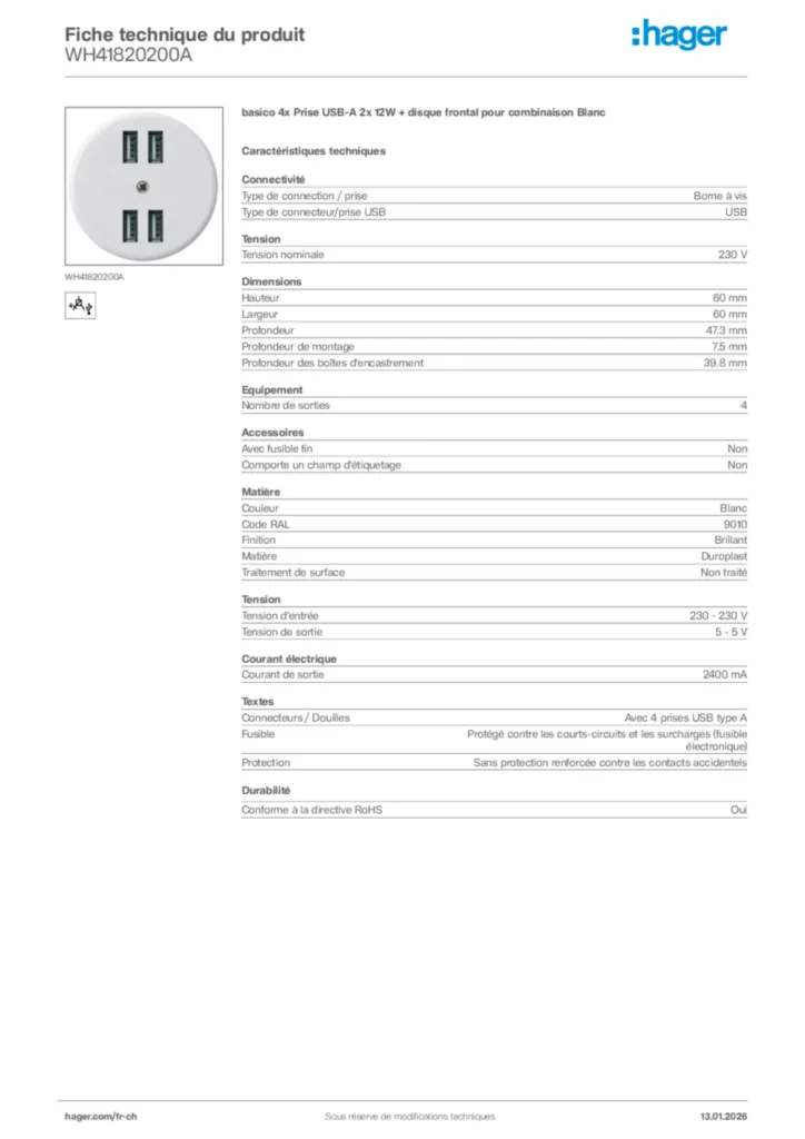 Image Hager Fiche technique du produit WH41820200A | Hager Suisse