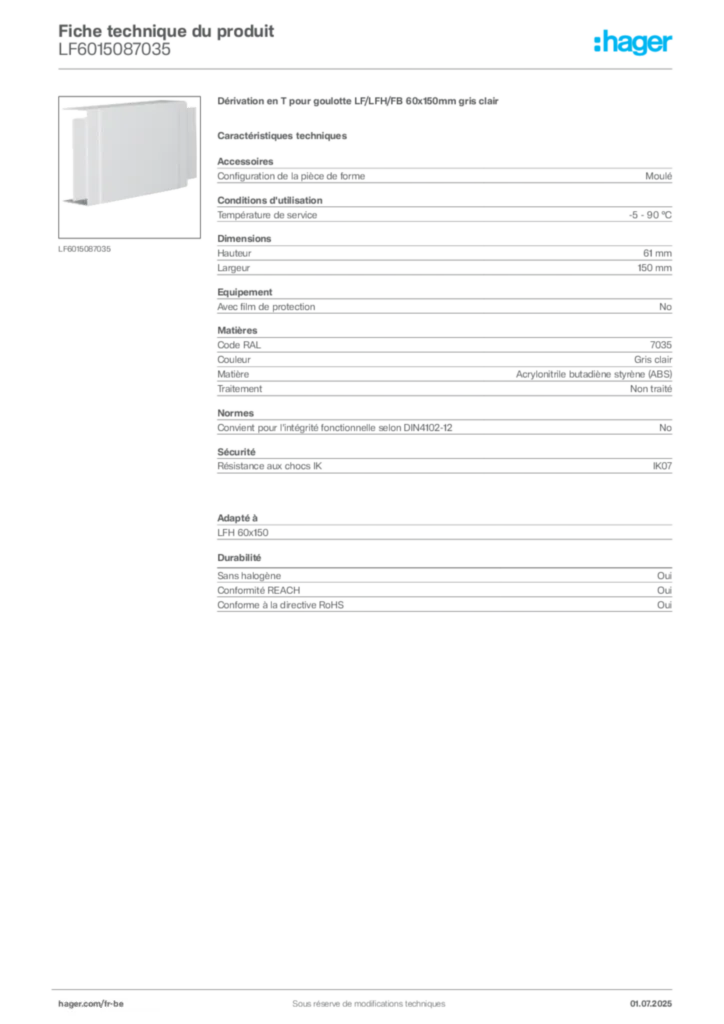 Image Hager Fiche technique du produit LF6015087035 | Hager Belgique