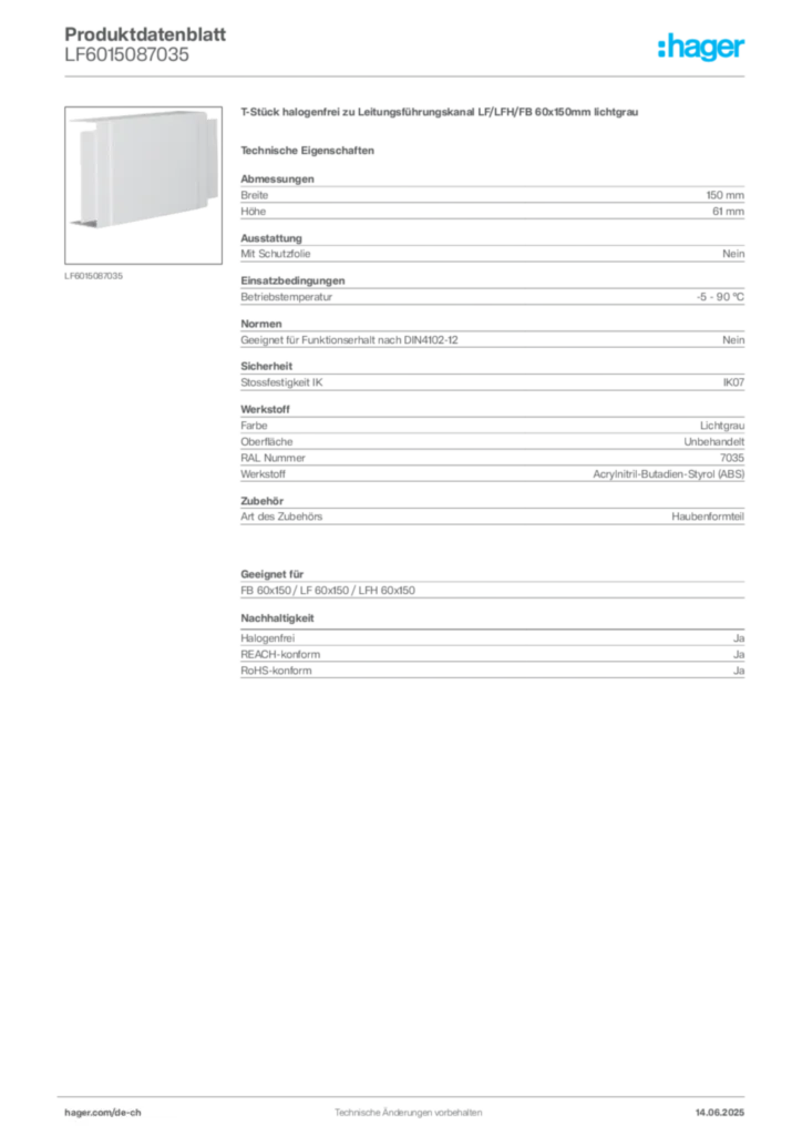 Bild Hager Produktdatenblatt LF6015087035 | Hager Schweiz