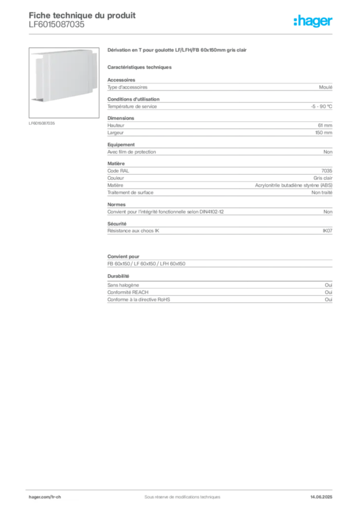 Image Hager Fiche technique du produit LF6015087035 | Hager Suisse