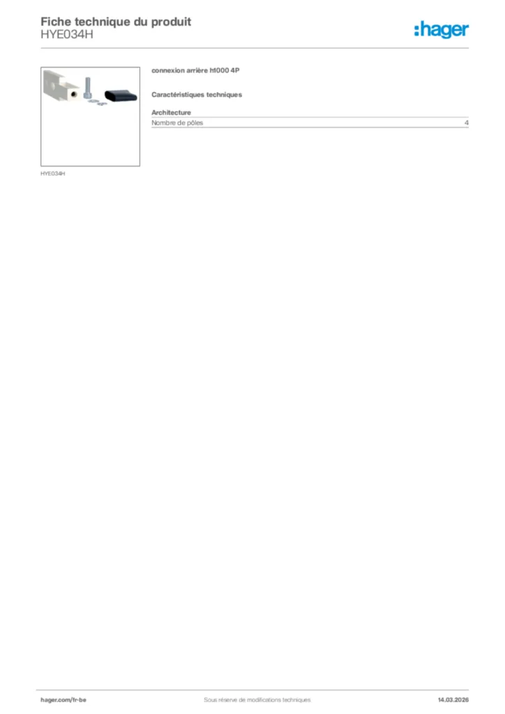 Image Hager Fiche technique du produit HYE034H | Hager Belgique