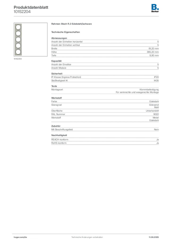 Bild Berker Produktdatenblatt 10152204 | Hager Deutschland