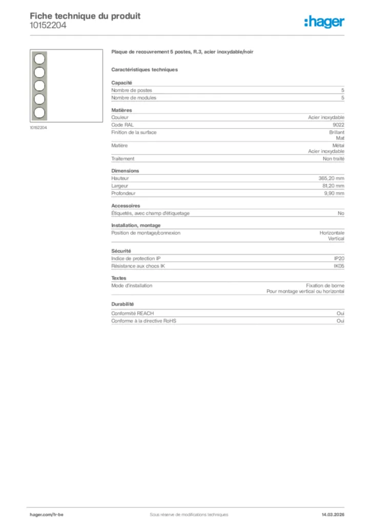 Image Hager Fiche technique du produit 10152204 | Hager Belgique