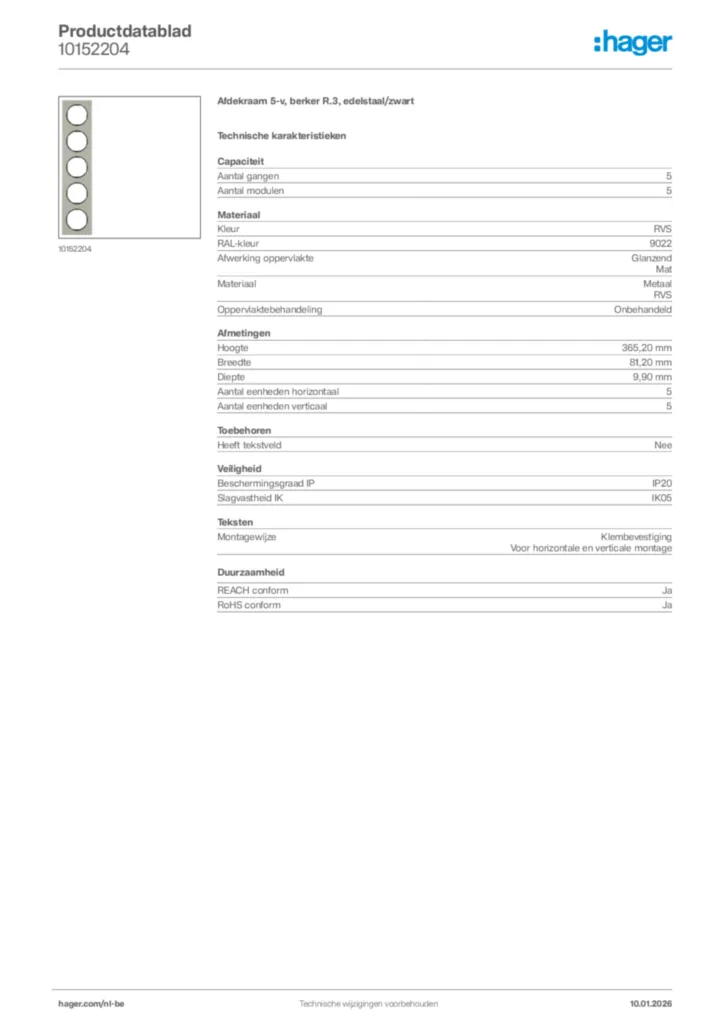 Afbeelding Hager Productdatablad 10152204 | Hager Belgium