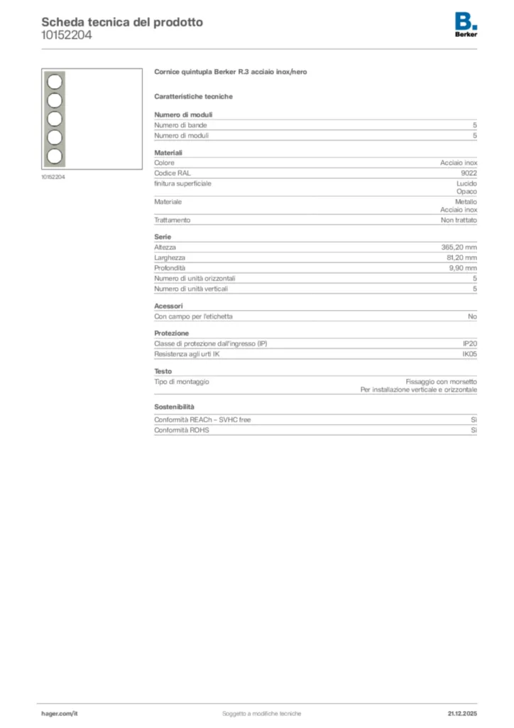 Immagine Berker Scheda tecnica del prodotto 10152204 | Hager Italia