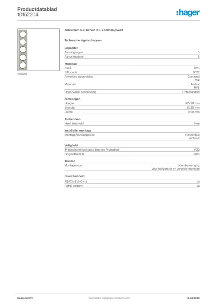 Afbeelding Hager Productdatablad 10152204 | Hager Nederland