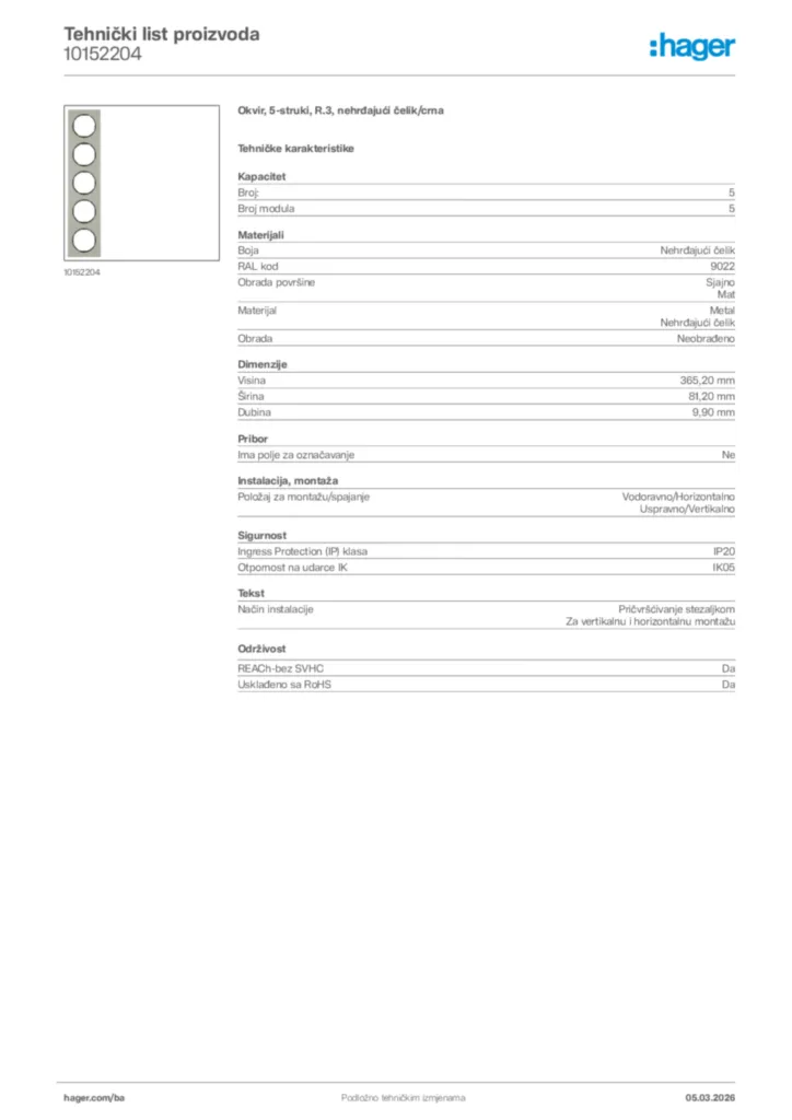 Slika Hager Tehnički list proizvoda 10152204  | Hager