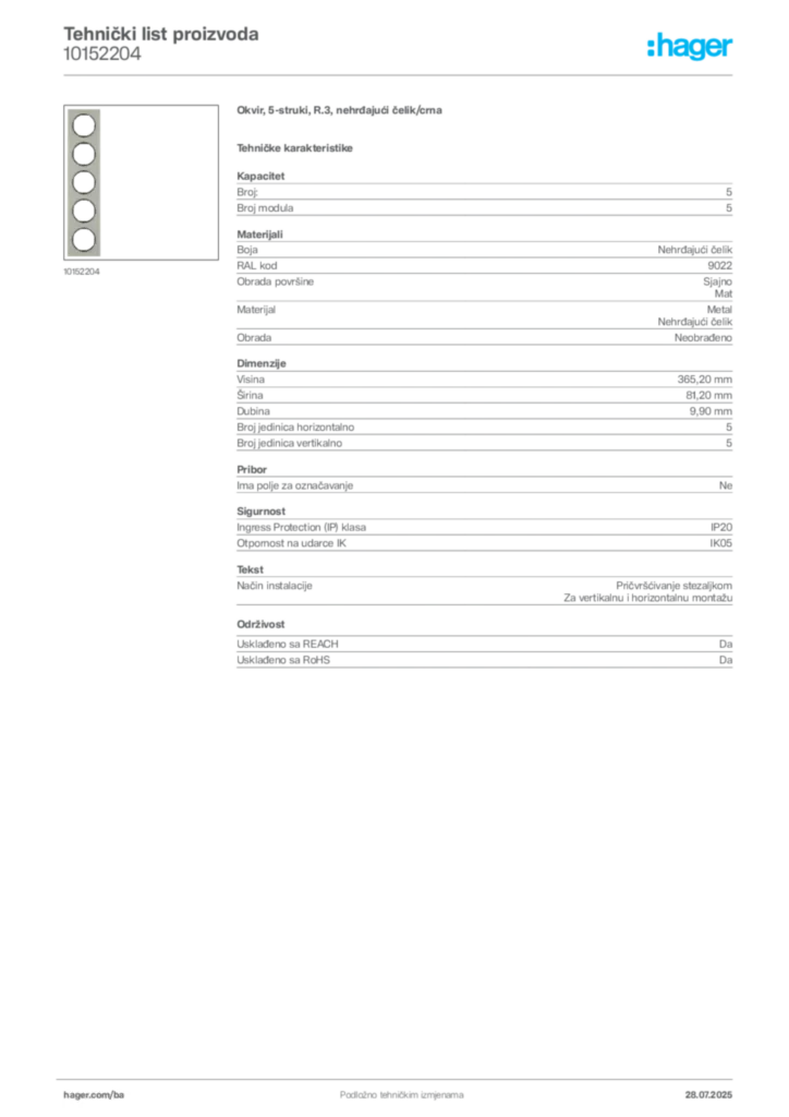 Slika Hager Product data sheet 10152204  | Hager