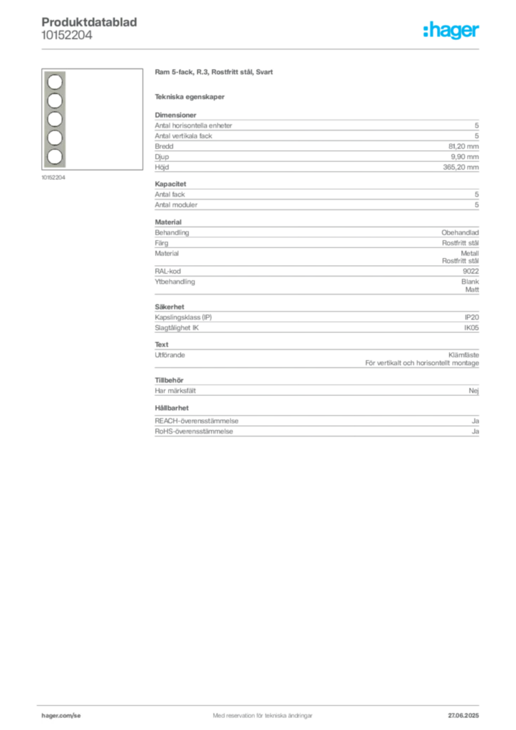 Bild Hager Produktdatablad 10152204 | Hager Sverige