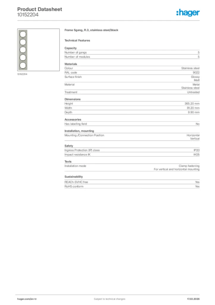 Image Hager Product data sheet 10152204  | Hager