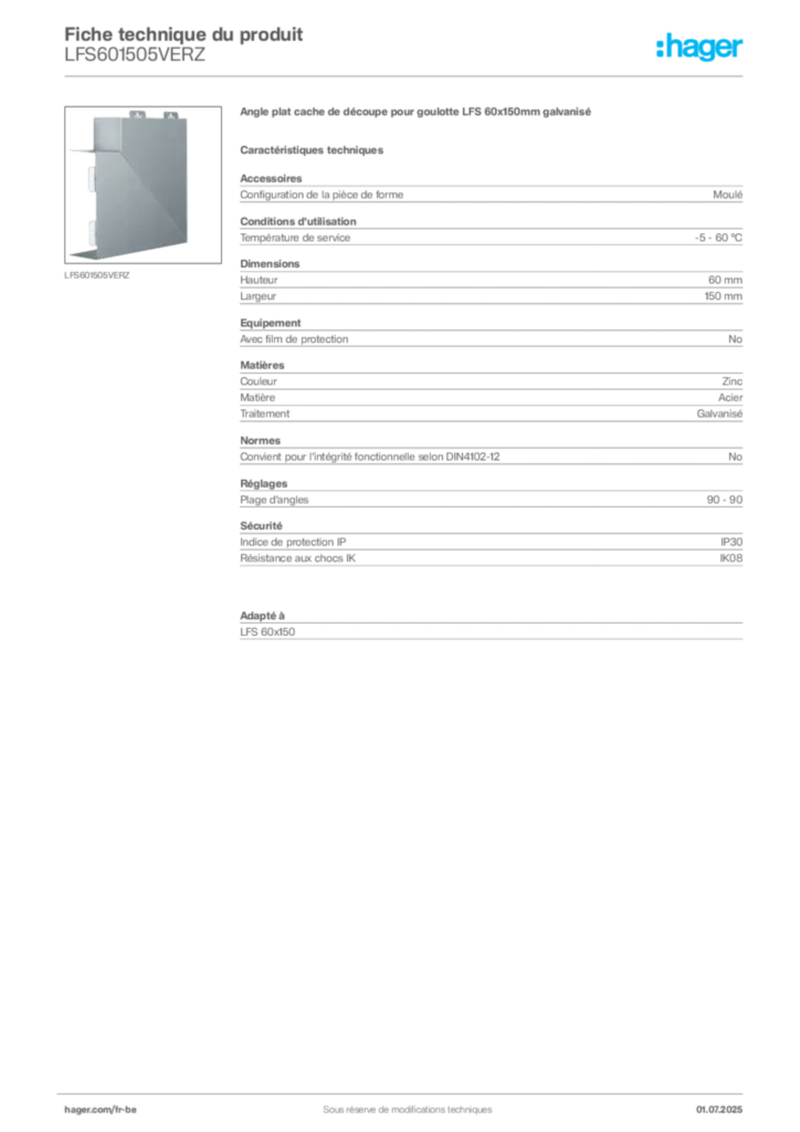 Image Hager Fiche technique du produit LFS601505VERZ | Hager Belgique