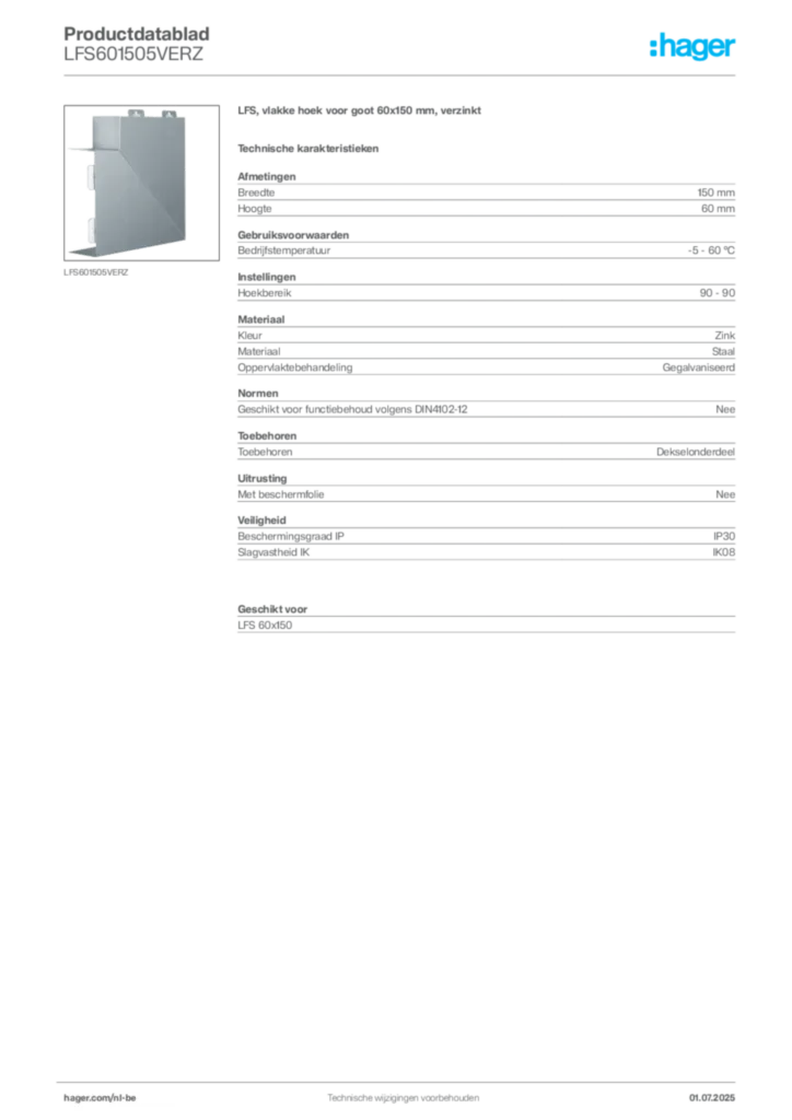 Afbeelding Hager Productdatablad LFS601505VERZ | Hager Belgium