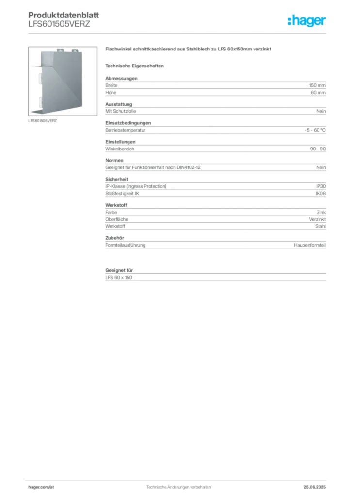 Bild Hager Produktdatenblatt LFS601505VERZ | Hager Deutschland