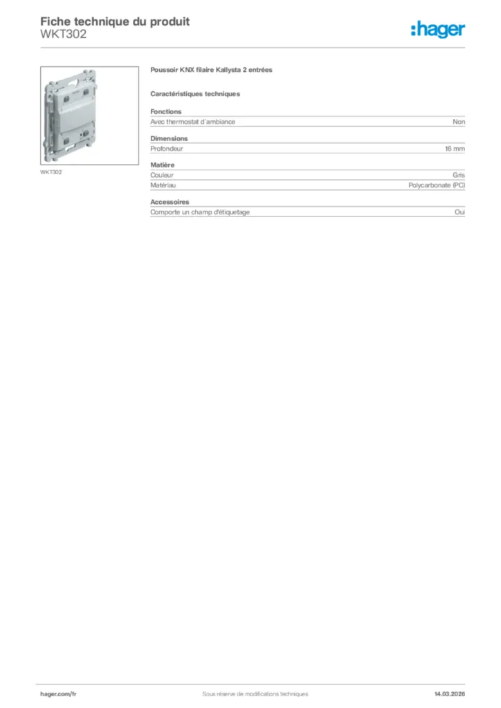 Image Hager Fiche technique du produit WKT302 | Hager France