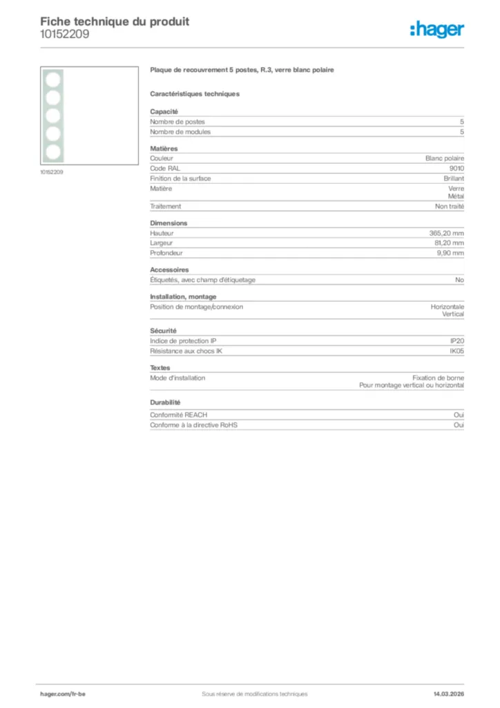 Image Hager Fiche technique du produit 10152209 | Hager Belgique