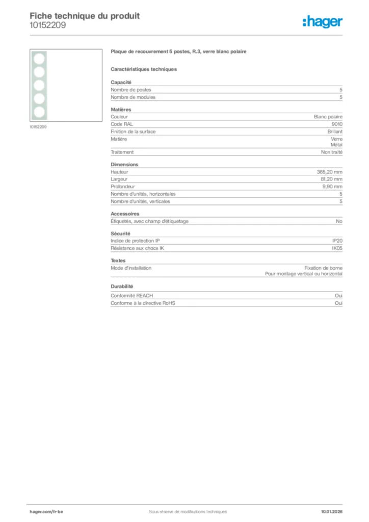 Image Hager Fiche technique du produit 10152209 | Hager Belgique