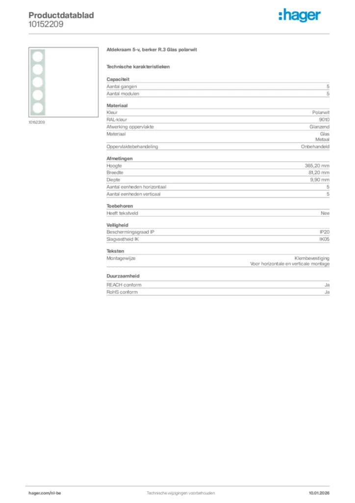 Afbeelding Hager Productdatablad 10152209 | Hager Belgium