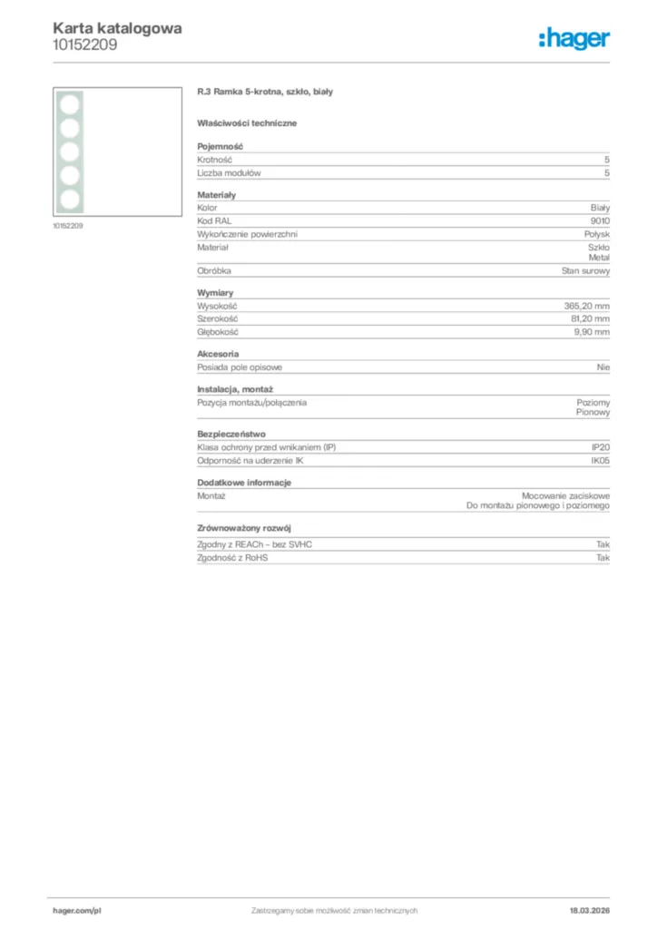 Zdjęcie Hager Karta katalogowa 10152209 | Hager Polska