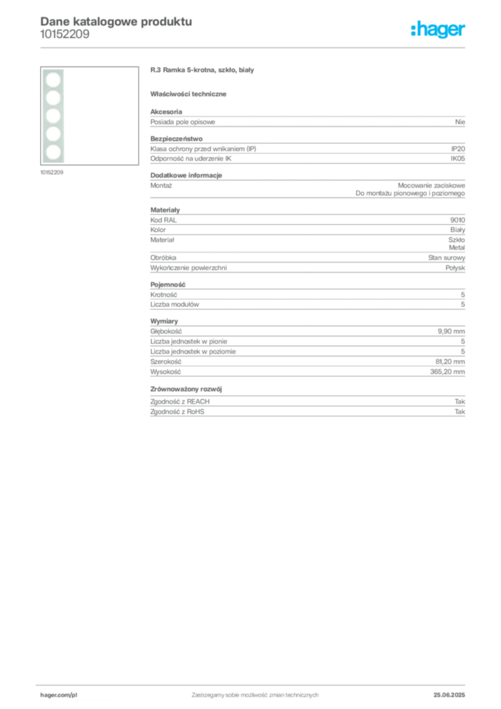 Zdjęcie Hager Dane katalogowe produktu 10152209 | Hager Polska