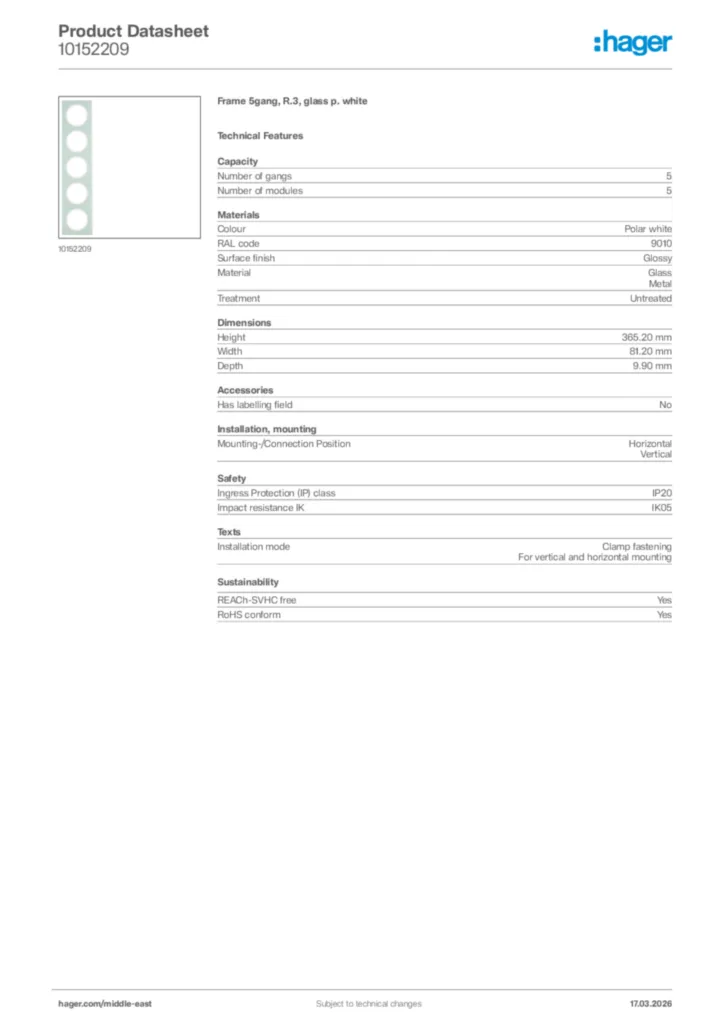 Image Hager Product data sheet 10152209  | Hager
