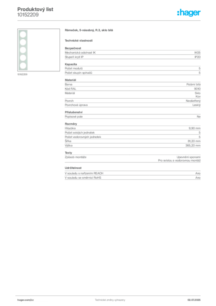 Obrázek Hager Produktový list 10152209 | Hager