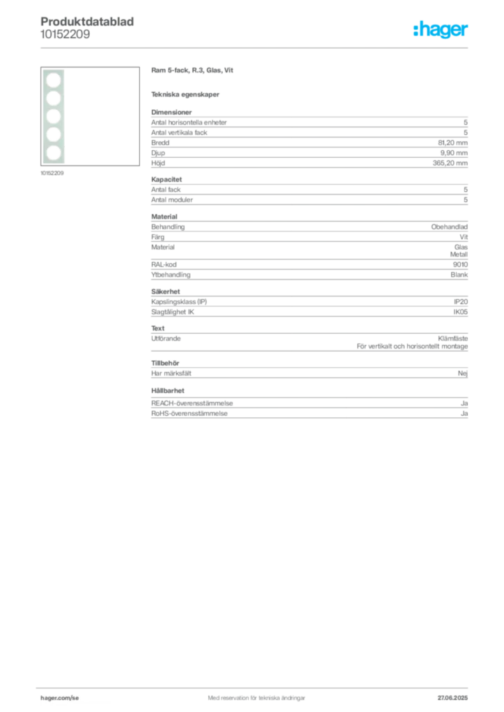 Bild Hager Produktdatablad 10152209 | Hager Sverige