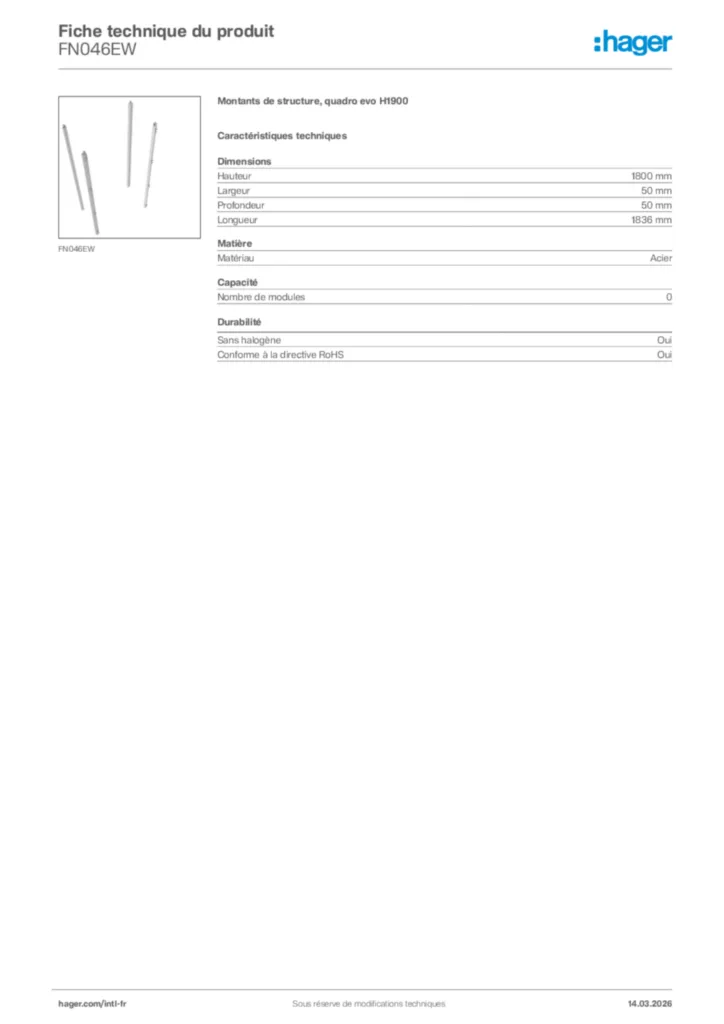 Image Hager Fiche technique du produit FN046EW | Hager Afrique