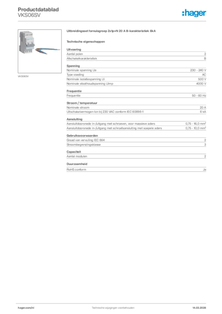 Afbeelding Hager Productdatablad VKS06SV | Hager Nederland