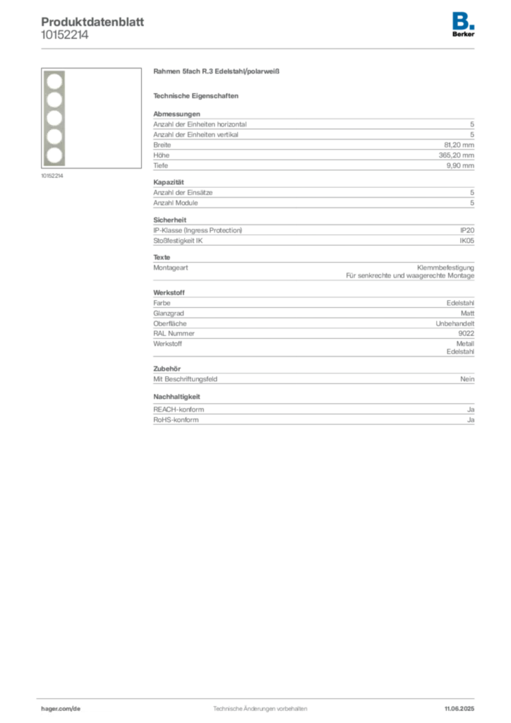 Bild Berker Produktdatenblatt 10152214 | Hager Deutschland