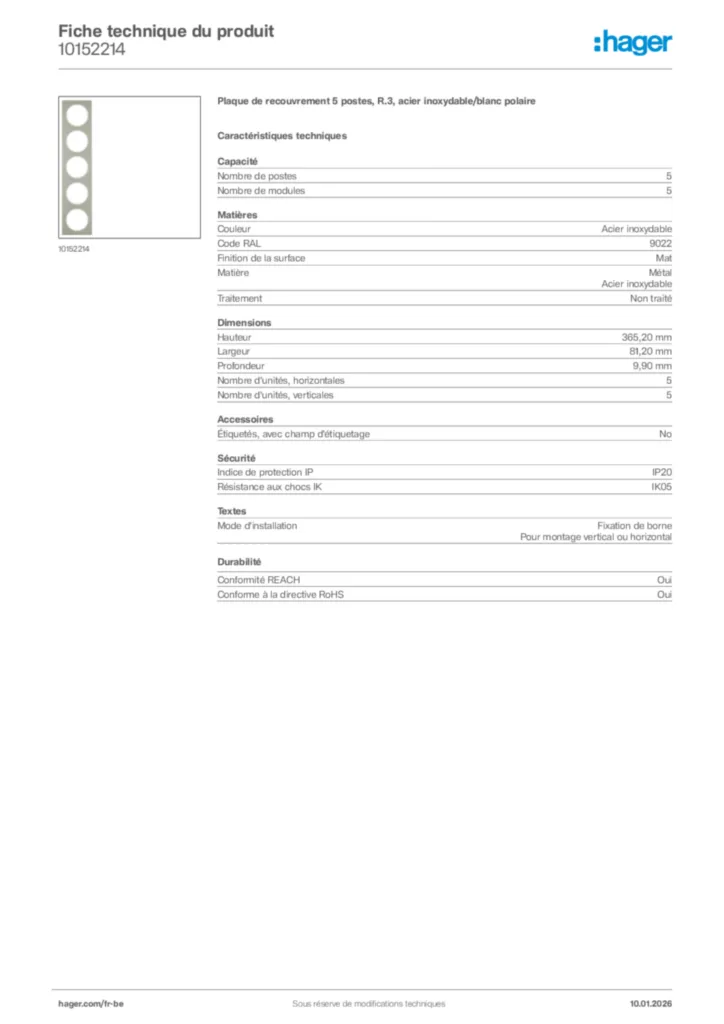 Image Hager Fiche technique du produit 10152214 | Hager Belgique
