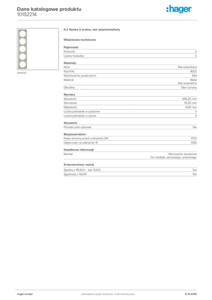 Zdjęcie Hager Dane katalogowe produktu 10152214 | Hager Polska