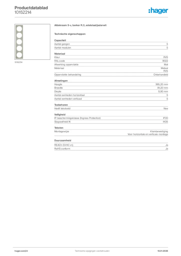 Afbeelding Hager Productdatablad 10152214 | Hager Nederland