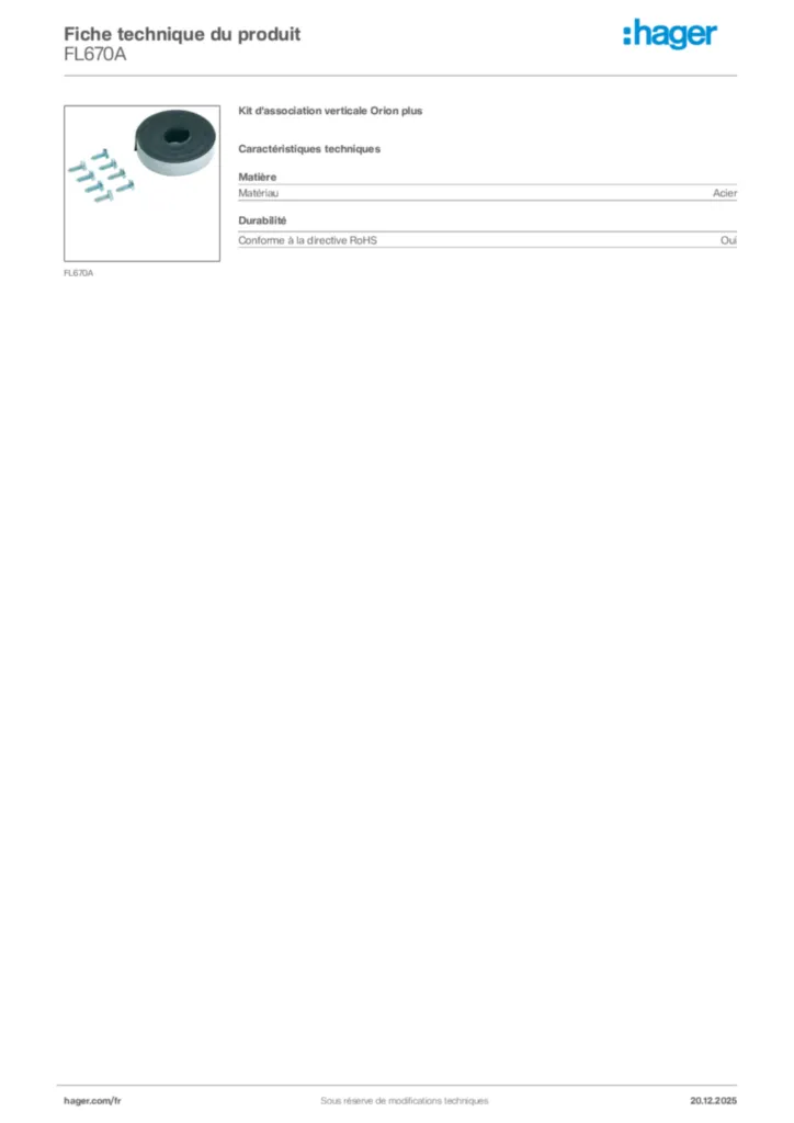 Image Hager Fiche technique du produit FL670A | Hager France