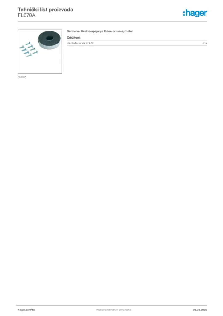 Slika Hager Tehnički list proizvoda FL670A  | Hager