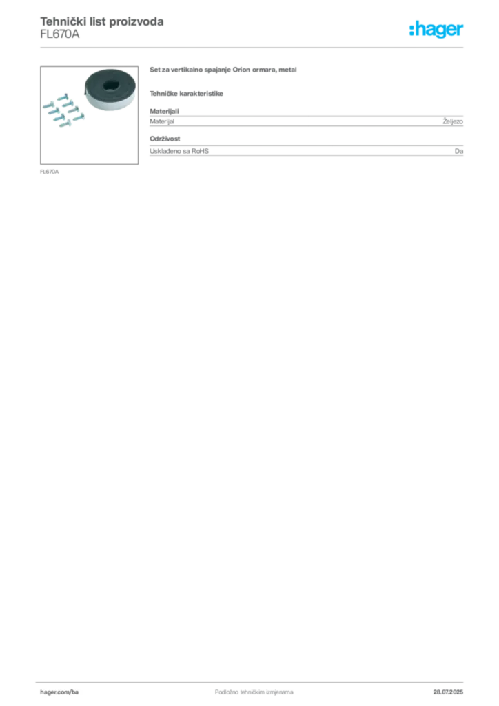 Slika Hager Product data sheet FL670A  | Hager