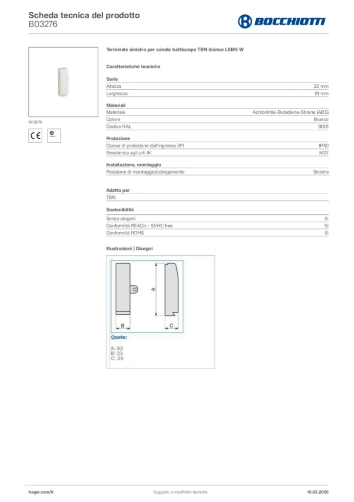 Immagine Bocchiotti Scheda tecnica del prodotto B03276 | Hager Italia