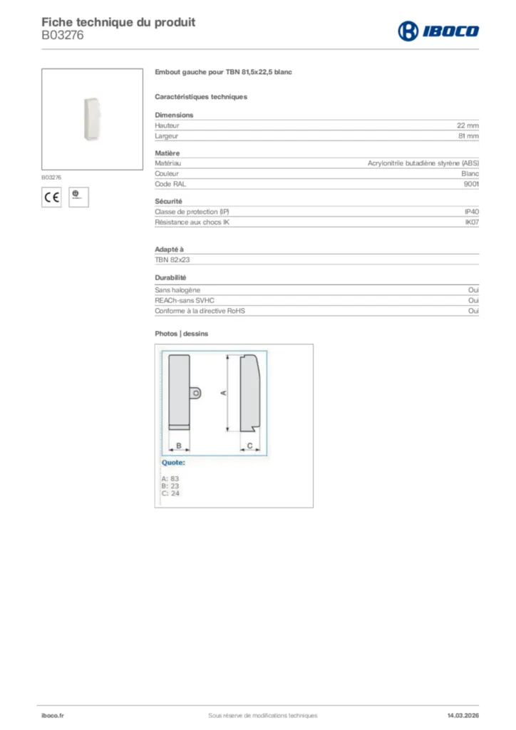 Image Iboco Fiche technique du produit B03276 | Hager France