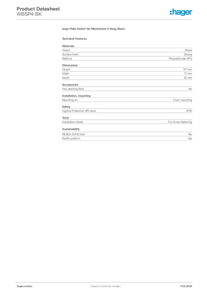Image Hager Product data sheet WBSP4-BK  | Hager Australia