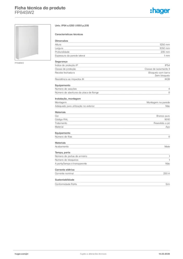 Imagem Hager Ficha técnica do produto FP84SW2 | Hager Portugal
